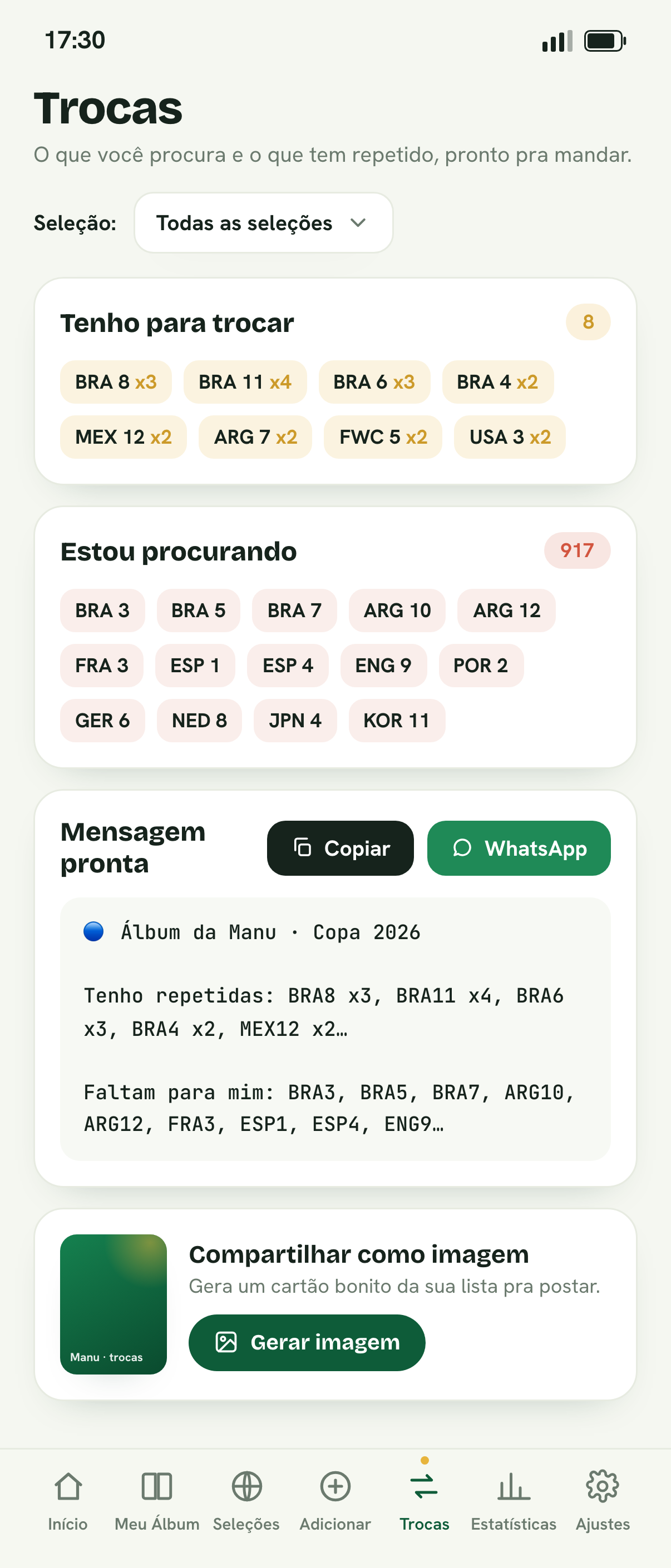 Mensagem de trocas pronta para o WhatsApp
