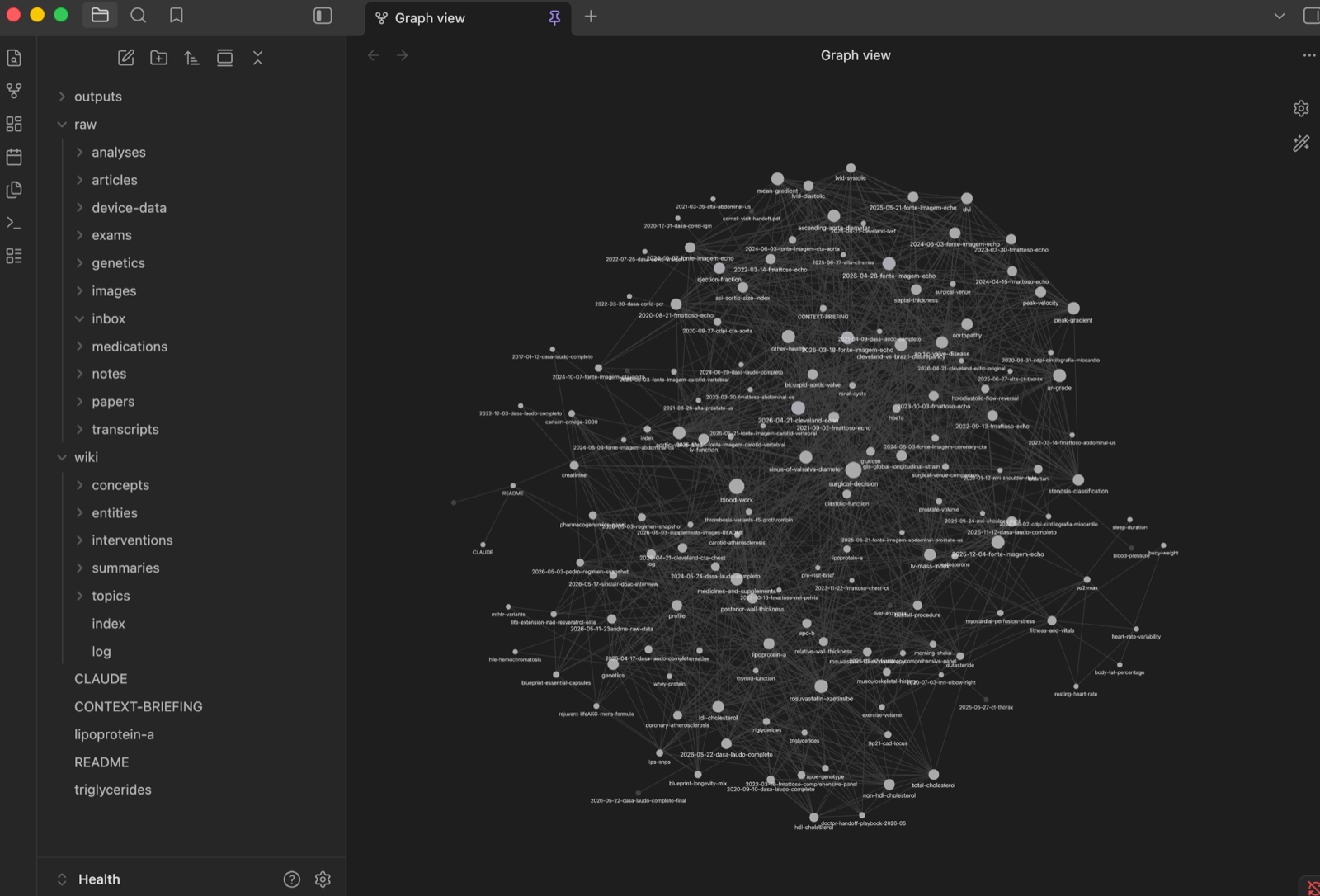 A base de conhecimento de saúde: vault de arquivos com graph view conectando exames, conceitos e resumos.