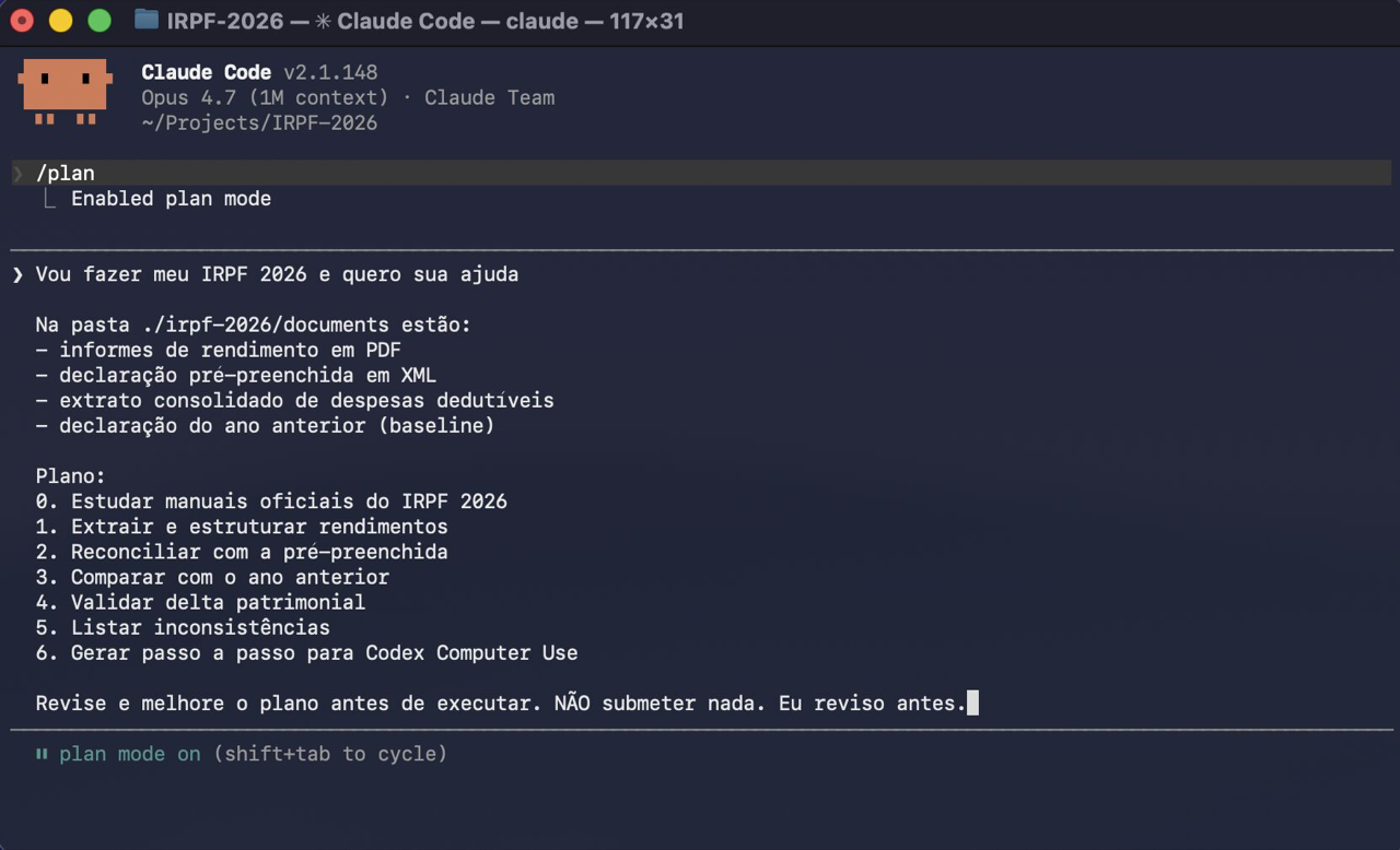 Claude Code em plan mode para o desafio de fazer o IRPF 2026 com um agente de IA.