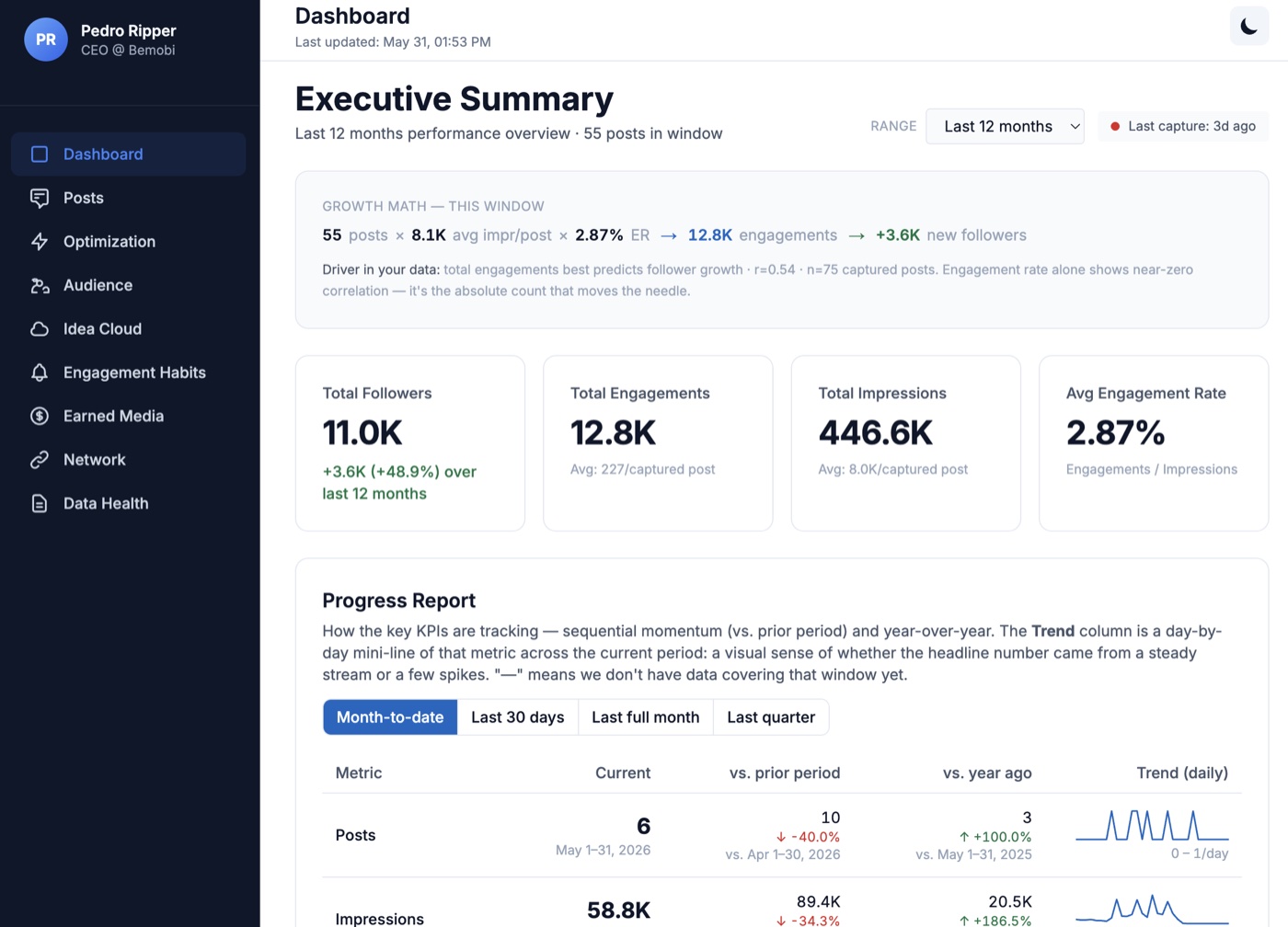 Dashboard da ferramenta de analytics, com resumo executivo de 12 meses