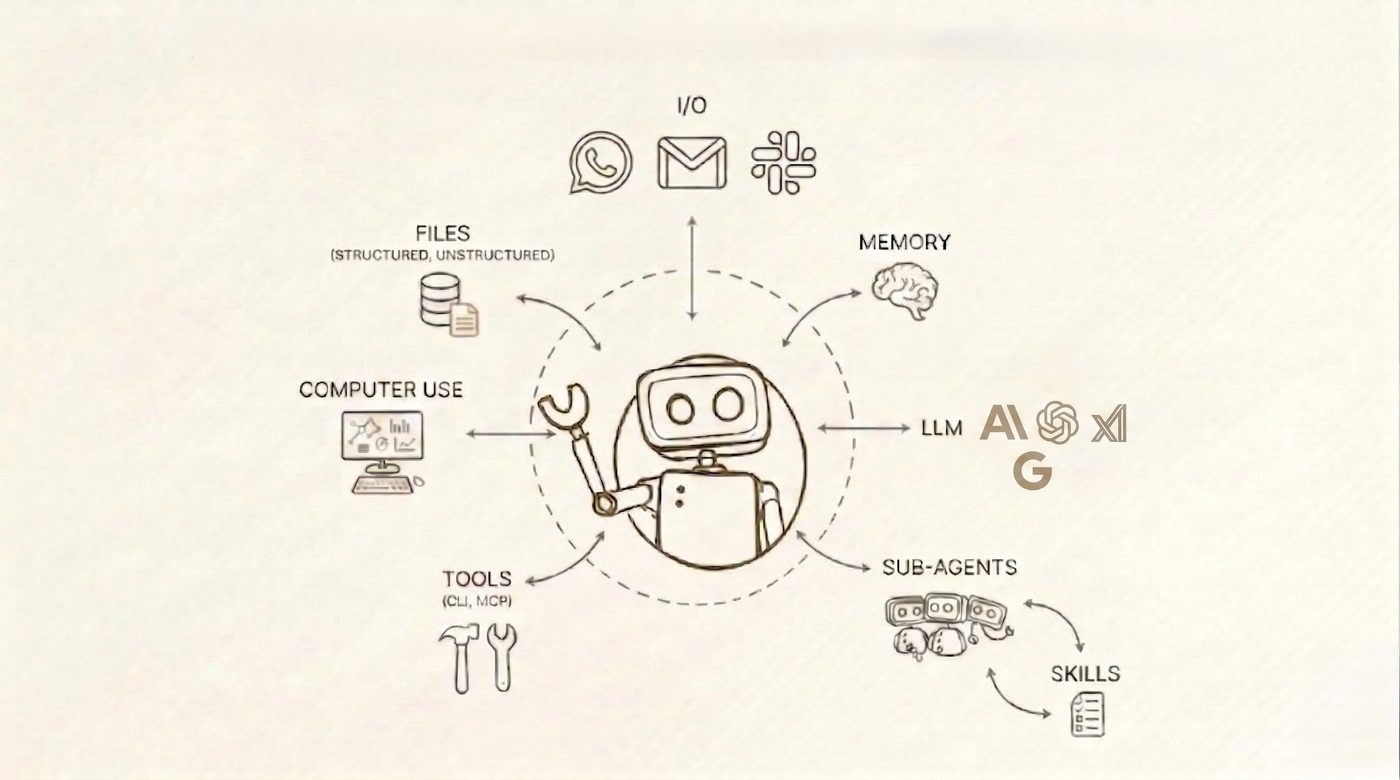 Diagrama do modelo de agente pessoal: um robô central cercado por I/O, memória, arquivos, computer use, LLMs, ferramentas, sub-agentes e skills.