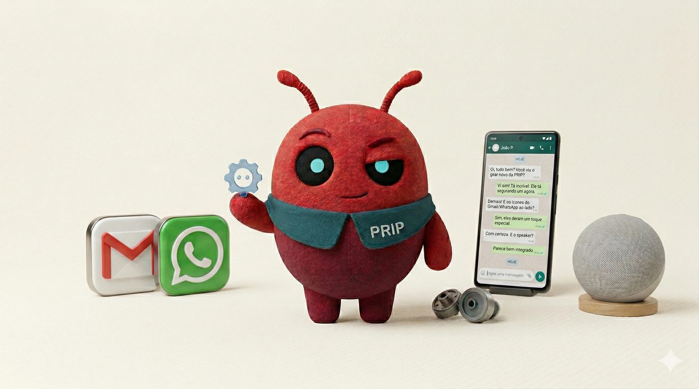 PRIP, personagem de pelúcia vermelho com capa azul, rodeado por ícones de Gmail e WhatsApp, um smartphone com conversa aberta e um smart speaker.