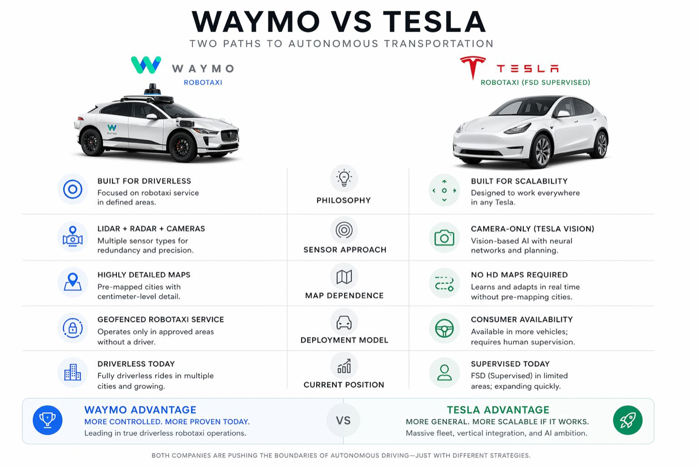 Infográfico comparativo Waymo vs Tesla: sensores, mapeamento e modelo de operação.